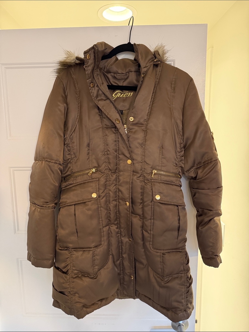 Guess Brown Quilted Puffer Parka with Faux-Fur Trim Hood - Picture 1 of 8